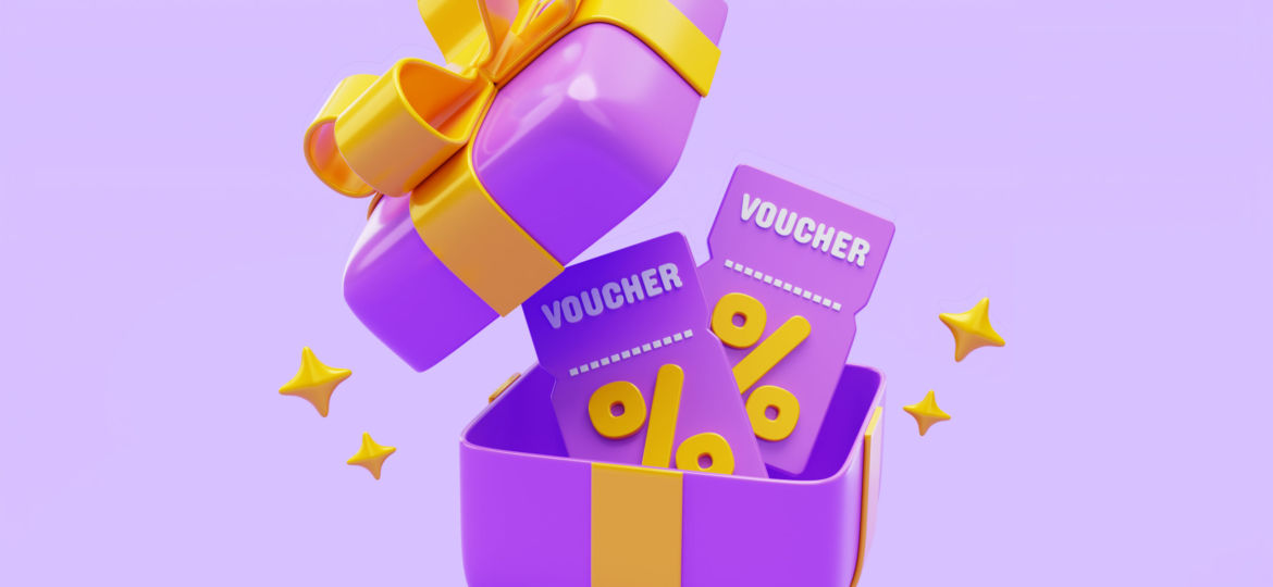 Purple open gift box with Voucher bonus surprise minimal present